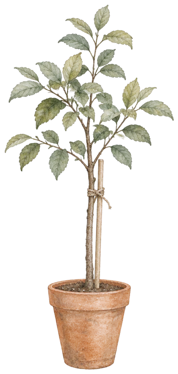 A watercolor of one young tree growing in a terracotta pot, tied to a single support stake
